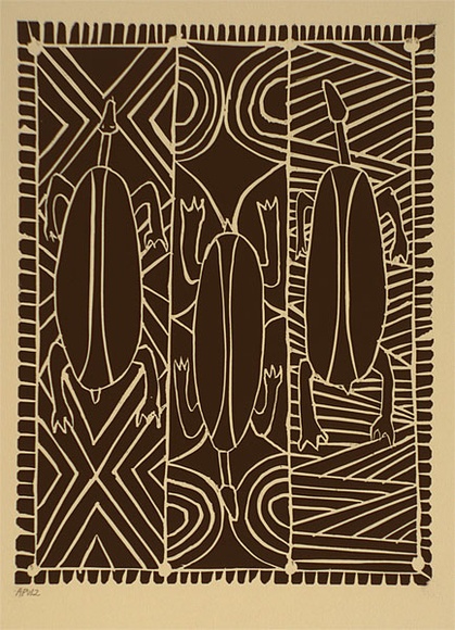 Artist: b'Green, Eddie.' | Title: b'Turtles' | Date: 1994, October - November | Technique: b'linocut, printed in black ink, from one block' Artist: b'Green, Eddie.' | Title: b'Turtles' | Date: 1994, October - November | Technique: b'linocut, printed in black ink, from one block'