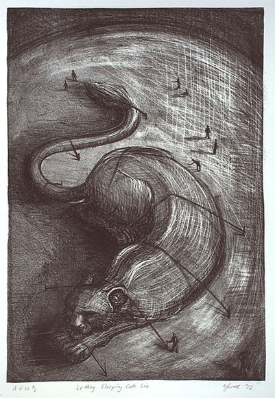 Artist: b'Watt, Yvette.' | Title: b'Letting sleeping cats lie' | Date: 1992, February | Technique: b'lithograph, printed in black ink, from one stone' Artist: b'Watt, Yvette.' | Title: b'Letting sleeping cats lie' | Date: 1992, February | Technique: b'lithograph, printed in black ink, from one stone'