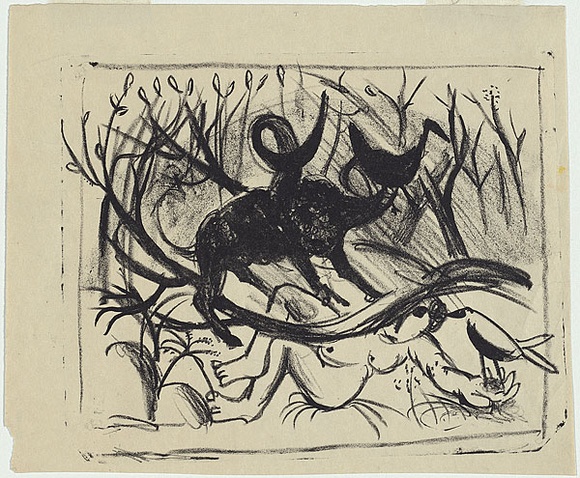 Artist: b'BOYD, Arthur' | Title: b'not titled (Europa and the bull).' | Date: c.1953 | Technique: b'lithograph, printed in black ink, from one zinc plate' | Copyright: bArthur Boyd's work reproduced with the permission of Bundanon Trust Artist: b'BOYD, Arthur' | Title: b'not titled (Europa and the bull).' | Date: c.1953 | Technique: b'lithograph, printed in black ink, from one zinc plate' | Copyright: bArthur Boyd's work reproduced with the permission of Bundanon Trust