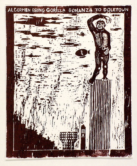 Artist: b'MACKELL, Kim' | Title: b'Aldermen bring gorilla bonanza to Doletown' | Date: 1988 | Technique: b'woodcut'