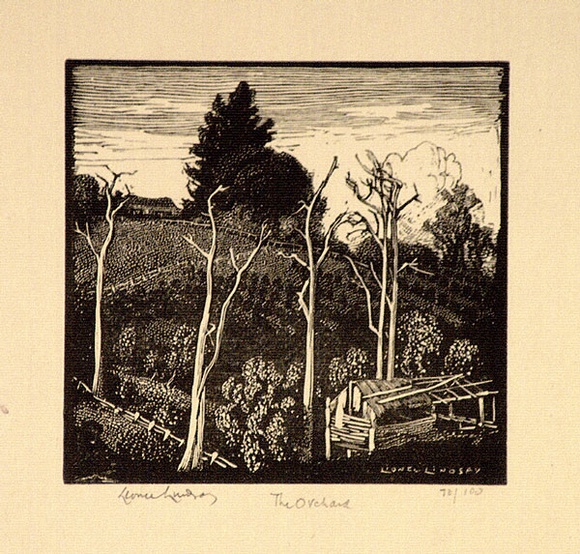 Artist: b'LINDSAY, Lionel' | Title: b'The orchard' | Date: 1925 | Technique: b'wood-engraving, printed in black ink, from one block' | Copyright: b'Courtesy of the National Library of Australia' Artist: b'LINDSAY, Lionel' | Title: b'The orchard' | Date: 1925 | Technique: b'wood-engraving, printed in black ink, from one block' | Copyright: b'Courtesy of the National Library of Australia'
