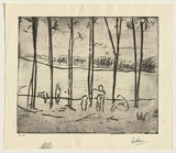 Title: not titled [five figures between tree trunks] | Date: c.1966 | Technique: etching, drypoint and foul-biting, printed in black ink with plate-tone, from one plate