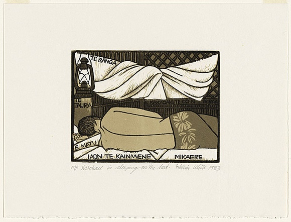 Artist: White, Robin. | Title: Michael is sleeping on the bed | Date: 1983 | Technique: woodcut, printed in colour, from four blocks (black and three brown inks)