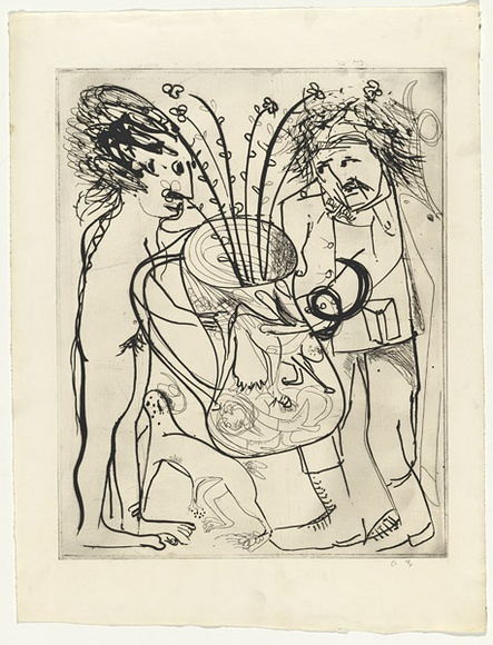 Artist: b'BOYD, Arthur' | Title: bPotter with ram's horns. | Date: (1968-69) | Technique: b'etching, printed in black ink, from one plate' | Copyright: b'Reproduced with permission of Bundanon Trust' Artist: b'BOYD, Arthur' | Title: bPotter with ram's horns. | Date: (1968-69) | Technique: b'etching, printed in black ink, from one plate' | Copyright: b'Reproduced with permission of Bundanon Trust'