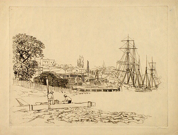 Artist: b'LINDSAY, Lionel' | Title: bBerry's Bay timber yard | Date: 1916 | Technique: b'etching and aquatint, printed in black ink from one plate' | Copyright: b'Courtesy of the National Library of Australia' Artist: b'LINDSAY, Lionel' | Title: bBerry's Bay timber yard | Date: 1916 | Technique: b'etching and aquatint, printed in black ink from one plate' | Copyright: b'Courtesy of the National Library of Australia'