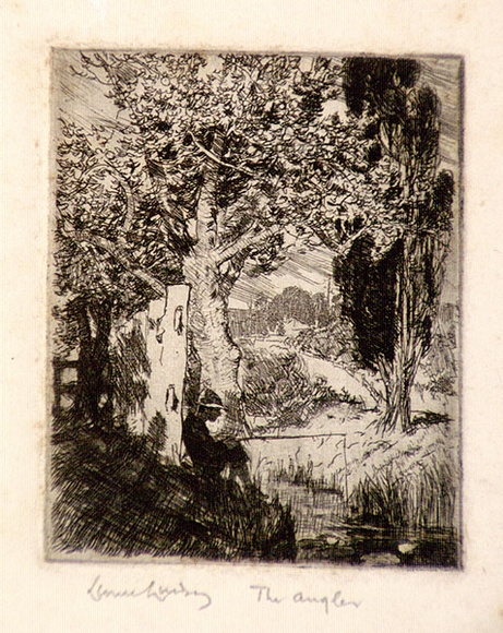 Artist: b'LINDSAY, Lionel' | Title: b'The angler.' | Date: 1912 | Technique: b'etching, printed in black ink, from one plate' | Copyright: b'Courtesy of the National Library of Australia' Artist: b'LINDSAY, Lionel' | Title: b'The angler.' | Date: 1912 | Technique: b'etching, printed in black ink, from one plate' | Copyright: b'Courtesy of the National Library of Australia'