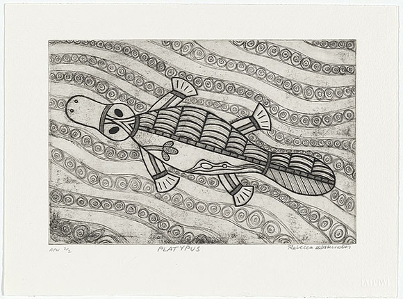 Artist: b'Atkinson, Rebecca.' | Title: b'Platypus' | Date: 2000, June | Technique: b'etching, printed in black ink, from one plate' Artist: b'Atkinson, Rebecca.' | Title: b'Platypus' | Date: 2000, June | Technique: b'etching, printed in black ink, from one plate'