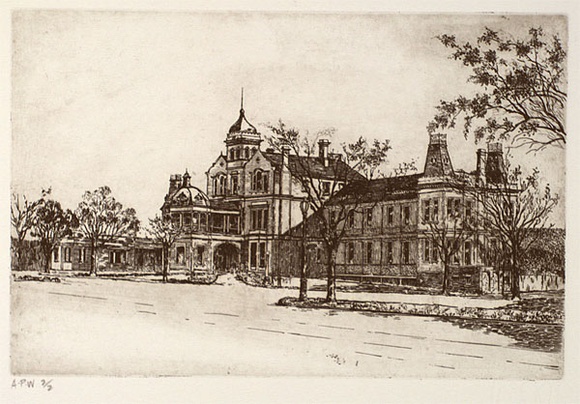 Artist: b'Stockfeld, R.H.' | Title: b'The homeopathic hospital' | Date: c.1935 | Technique: b'etching, printed in black ink, from one plate' Artist: b'Stockfeld, R.H.' | Title: b'The homeopathic hospital' | Date: c.1935 | Technique: b'etching, printed in black ink, from one plate'