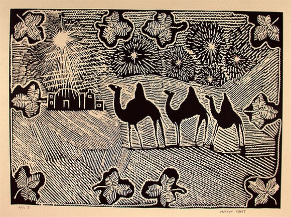 Artist: b'STREET, Mervyn' | Title: b'not titled (3 wise men - working title only)' | Date: 1995, August | Technique: b'linocut, printed in black ink, from one block' Artist: b'STREET, Mervyn' | Title: b'not titled (3 wise men - working title only)' | Date: 1995, August | Technique: b'linocut, printed in black ink, from one block'