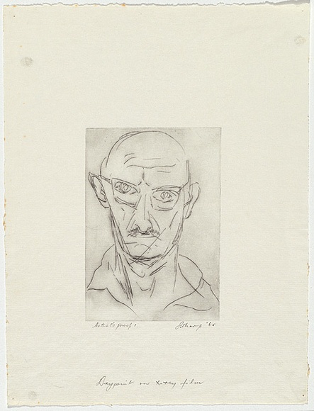 Artist: Sharp, James. | Title: Self-portrait | Date: 1965 | Technique: drypoint, printed in black ink, from one plate | Copyright: © Estate of James Sharp Artist: Sharp, James. | Title: Self-portrait | Date: 1965 | Technique: drypoint, printed in black ink, from one plate | Copyright: © Estate of James Sharp