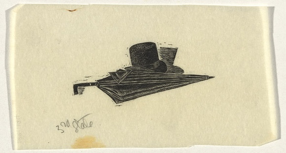 Artist: b'OGILVIE, Helen' | Title: b'(Hat and umbrella)' | Date: 1947 | Technique: b'wood-engraving, printed in black ink, from one block' Artist: b'OGILVIE, Helen' | Title: b'(Hat and umbrella)' | Date: 1947 | Technique: b'wood-engraving, printed in black ink, from one block'