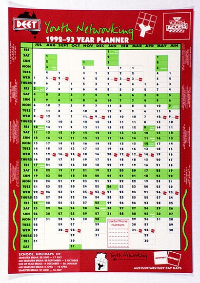Artist: b'MACKINOLTY, Chips' | Title: b'DEET youth networking year planner' | Date: 1992-93 | Technique: b'offset-lithograph, printed in colour, from three process plates' Artist: b'MACKINOLTY, Chips' | Title: b'DEET youth networking year planner' | Date: 1992-93 | Technique: b'offset-lithograph, printed in colour, from three process plates'
