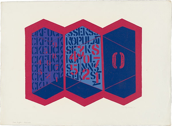 Artist: b'WALKER, Murray' | Title: b'Public graffiti - tiled walls.' | Date: 1970 | Technique: b'linocut, printed in colour, from multiple blocks' Artist: b'WALKER, Murray' | Title: b'Public graffiti - tiled walls.' | Date: 1970 | Technique: b'linocut, printed in colour, from multiple blocks'
