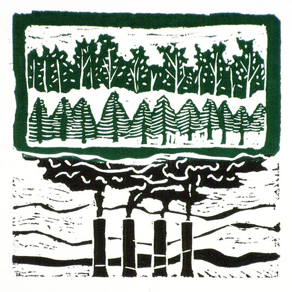 Artist: b'Wonderful Art Nuances Club (WANC).' | Title: b'not titled [Forest trees above chimneys billowing smoke]. [Poster for Environment Protest Street Exhibition and Street Theatre' | Date: (1976) | Technique: b'linocut, printed in black and green ink, from one block'