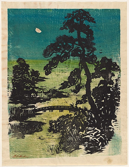 Artist: Hincksman, Bob. | Title: Japanese landscape with bridge | Date: c. 1967 | Technique: woodcut, printed in colour, from multiple blocks Artist: Hincksman, Bob. | Title: Japanese landscape with bridge | Date: c. 1967 | Technique: woodcut, printed in colour, from multiple blocks