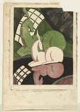 Artist: Spowers, Ethel. | Title: Reflections of a china fawn | Date: 1932 | Technique: linocut, printed in colour, from four blocks (viridian, mauve, light black, black)