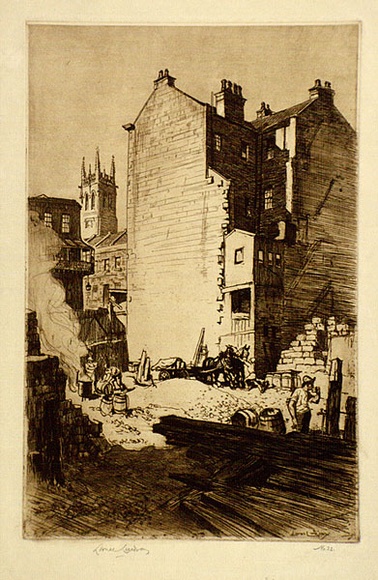 Artist: LINDSAY, Lionel | Title: Rocks Resumption, with St. Philip's Church | Date: 1917 | Technique: etching and drypoint, printed in brown ink, from one plate | Copyright: Courtesy of the National Library of Australia Artist: LINDSAY, Lionel | Title: Rocks Resumption, with St. Philip's Church | Date: 1917 | Technique: etching and drypoint, printed in brown ink, from one plate | Copyright: Courtesy of the National Library of Australia
