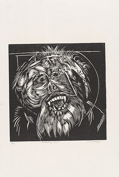 Artist: b'MEYER, Bill' | Title: b'Monkey lost' | Date: 1968 | Technique: b'linocut, printed in black ink, from reduction block process' | Copyright: b'\xc2\xa9 Bill Meyer' Artist: b'MEYER, Bill' | Title: b'Monkey lost' | Date: 1968 | Technique: b'linocut, printed in black ink, from reduction block process' | Copyright: b'\xc2\xa9 Bill Meyer'
