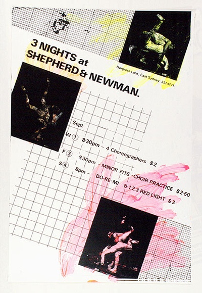 Artist: b'MERD INTERNATIONAL' | Title: b'Poster: Three nights at Shepherd and Newman' | Date: 1984 | Technique: b'screenprint' Artist: b'MERD INTERNATIONAL' | Title: b'Poster: Three nights at Shepherd and Newman' | Date: 1984 | Technique: b'screenprint'