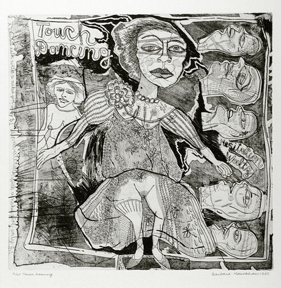 Artist: b'HANRAHAN, Barbara' | Title: b'Touch dancing' | Date: 1983 | Technique: b'etching, aquatint, printed in black ink with plate-tone, from one plate' Artist: b'HANRAHAN, Barbara' | Title: b'Touch dancing' | Date: 1983 | Technique: b'etching, aquatint, printed in black ink with plate-tone, from one plate'
