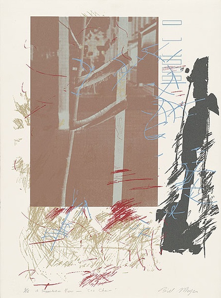 Artist: b'MEYER, Bill' | Title: b'Supportative view' | Date: 1981 | Technique: b'screenprint, printed in six colours, from five screens (indirect photo screens half-tones and open blockout)' | Copyright: b'\xc2\xa9 Bill Meyer' Artist: b'MEYER, Bill' | Title: b'Supportative view' | Date: 1981 | Technique: b'screenprint, printed in six colours, from five screens (indirect photo screens half-tones and open blockout)' | Copyright: b'\xc2\xa9 Bill Meyer'