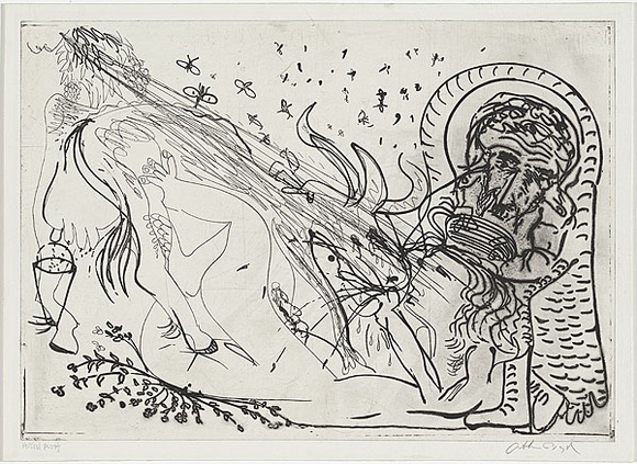 Artist: b'BOYD, Arthur' | Title: b'Reclining figure with white haired potter and cow.' | Date: (1968-69) | Technique: b'etching, printed in black ink, from one plate' | Copyright: b'Reproduced with permission of Bundanon Trust' Artist: b'BOYD, Arthur' | Title: b'Reclining figure with white haired potter and cow.' | Date: (1968-69) | Technique: b'etching, printed in black ink, from one plate' | Copyright: b'Reproduced with permission of Bundanon Trust'