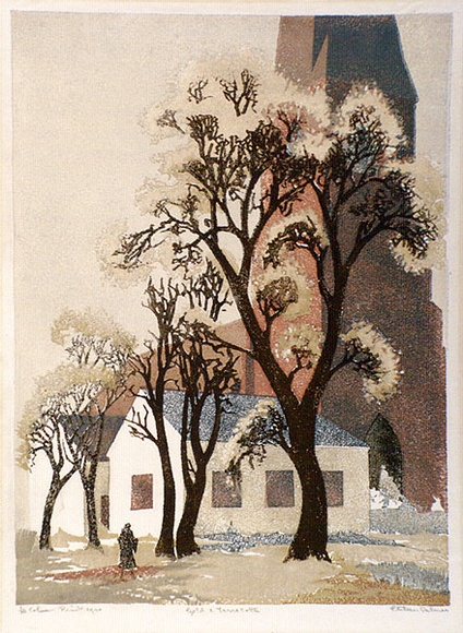 Artist: b'Palmer, Ethleen.' | Title: b'Gold and terracotta' | Date: 1940 | Technique: b'linocut, printed in colour, from multiple blocks' Artist: b'Palmer, Ethleen.' | Title: b'Gold and terracotta' | Date: 1940 | Technique: b'linocut, printed in colour, from multiple blocks'