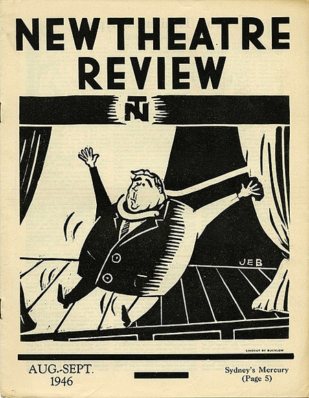 Title: b'New theatre review: Aug-Sept 1946' | Date: July 1946 | Technique: b'linocut, printed in black ink, from one block; letterpress text' Title: b'New theatre review: Aug-Sept 1946' | Date: July 1946 | Technique: b'linocut, printed in black ink, from one block; letterpress text'