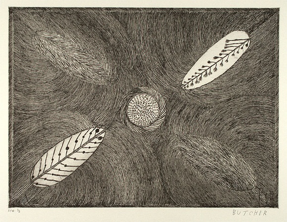 Artist: b'Cherel, Kumanjayi (Butcher).' | Title: b'Spring water with boonga (bush potato)' | Date: 1998 | Technique: b'etching, printed in black ink, from one plate' Artist: b'Cherel, Kumanjayi (Butcher).' | Title: b'Spring water with boonga (bush potato)' | Date: 1998 | Technique: b'etching, printed in black ink, from one plate'