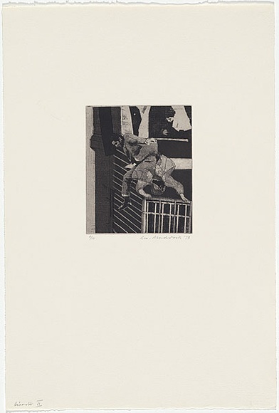 Artist: b'MADDOCK, Bea' | Title: b'Disaster II' | Date: 1973 | Technique: b'photo-etching, aquatint and line-etching, printed in black ink, from one plate' Artist: b'MADDOCK, Bea' | Title: b'Disaster II' | Date: 1973 | Technique: b'photo-etching, aquatint and line-etching, printed in black ink, from one plate'