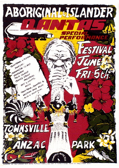 Artist: b'Cummins, John.' | Title: b'Aboriginal and Islander Festival, Townsville' | Date: 1981 | Technique: b'screenprint, printed in colour, from four stencils' Artist: b'Cummins, John.' | Title: b'Aboriginal and Islander Festival, Townsville' | Date: 1981 | Technique: b'screenprint, printed in colour, from four stencils'