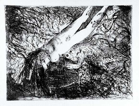 Artist: b'BOYD, Arthur' | Title: b'Diving nude and frog over a dark pond.' | Date: 1962-63 | Technique: b'etching and aquatint, printed in black ink, from one plate' | Copyright: b'Reproduced with permission of Bundanon Trust' Artist: b'BOYD, Arthur' | Title: b'Diving nude and frog over a dark pond.' | Date: 1962-63 | Technique: b'etching and aquatint, printed in black ink, from one plate' | Copyright: b'Reproduced with permission of Bundanon Trust'