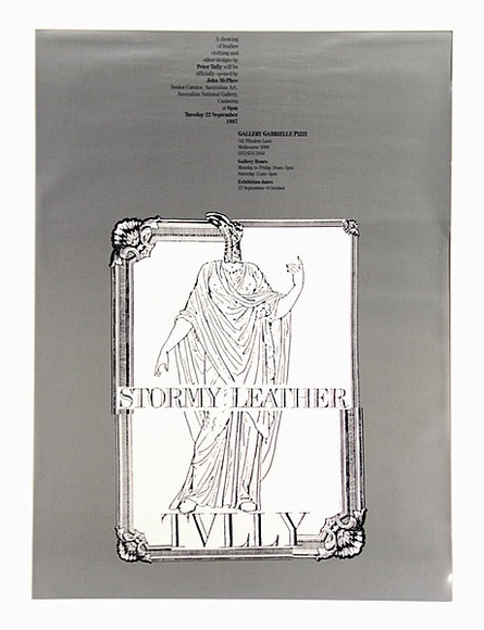 Artist: b'McDiarmid, David.' | Title: b'Stormy leather: exhibition poster for Peter Tully exhibition at Gallery Gabrielle Pizzi, Melbourne, 1987' | Date: 1987 | Technique: b'screenprint, printed in colour, from two stencils' | Copyright: b'Courtesy of copyright owner, Merlene Gibson (sister)' Artist: b'McDiarmid, David.' | Title: b'Stormy leather: exhibition poster for Peter Tully exhibition at Gallery Gabrielle Pizzi, Melbourne, 1987' | Date: 1987 | Technique: b'screenprint, printed in colour, from two stencils' | Copyright: b'Courtesy of copyright owner, Merlene Gibson (sister)'