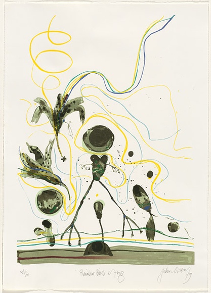 Artist: b'Olsen, John.' | Title: b'Rainbow bird and frog.' | Date: 1979 | Technique: b'screenprint, printed in colour, from 18 stencils' | Copyright: b'\xc2\xa9 John Olsen. Licensed by VISCOPY, Australia' Artist: b'Olsen, John.' | Title: b'Rainbow bird and frog.' | Date: 1979 | Technique: b'screenprint, printed in colour, from 18 stencils' | Copyright: b'\xc2\xa9 John Olsen. Licensed by VISCOPY, Australia'