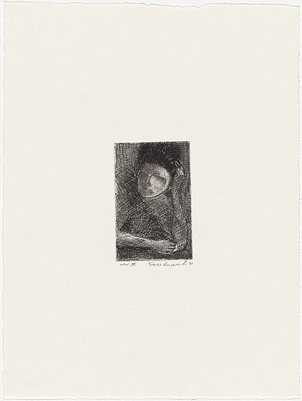 Artist: b'Anceschi, Eros.' | Title: b'not titled [reclining figure with hand supporting head]' | Date: 1988 | Technique: b'etching, printed in black ink from one plate'