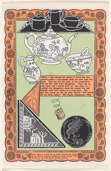 Artist: bWomen's Domestic Needlework Group. | Title: b'When I had worked the pattern' | Date: 1979 | Technique: b'screenprint, printed in colour, from multiple stencils' Artist: bWomen's Domestic Needlework Group. | Title: b'When I had worked the pattern' | Date: 1979 | Technique: b'screenprint, printed in colour, from multiple stencils'