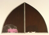 Artist: b'BALDESSIN, George' | Title: b'Personages and gothic II.' | Date: 1969 | Technique: b'etching and aquatint, printed in black ink, from two shaped plates; stencil, printed in colour, from three stencils'