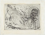 Artist: b'BOYD, Arthur' | Title: b'Reclining figure with white haired potter and cow.' | Date: (1968-69) | Technique: b'etching, printed in black ink, from one plate' | Copyright: b'Reproduced with permission of Bundanon Trust'