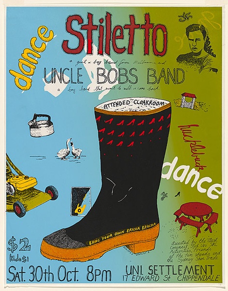 Artist: b'WORSTEAD, Paul' | Title: bStiletto, Uncle Bob's Band | Date: 1976 | Technique: b'screenprint, printed in colour, from multiple stencils' | Copyright: b'This work appears on screen courtesy of the artist' Artist: b'WORSTEAD, Paul' | Title: bStiletto, Uncle Bob's Band | Date: 1976 | Technique: b'screenprint, printed in colour, from multiple stencils' | Copyright: b'This work appears on screen courtesy of the artist'