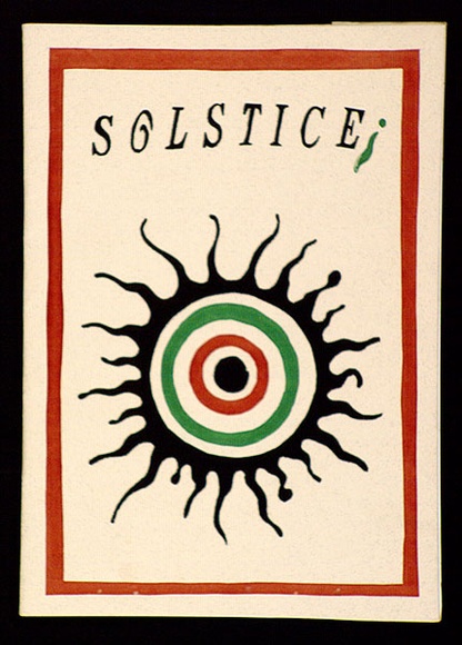 Artist: b'Scrivener, Julian.' | Title: b'Soltice (Exhibition catalogue) drawn, cut, printed and bound by hand at Printworks, Salamanca.' | Technique: b'screenprint, printed in colour, from three stencils' Artist: b'Scrivener, Julian.' | Title: b'Soltice (Exhibition catalogue) drawn, cut, printed and bound by hand at Printworks, Salamanca.' | Technique: b'screenprint, printed in colour, from three stencils'