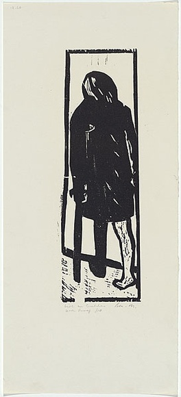 Artist: b'MADDOCK, Bea' | Title: b'Girl on crutches' | Date: 1964 | Technique: b'woodcut, printed in black ink by hand-burnishing, from one pine block' Artist: b'MADDOCK, Bea' | Title: b'Girl on crutches' | Date: 1964 | Technique: b'woodcut, printed in black ink by hand-burnishing, from one pine block'