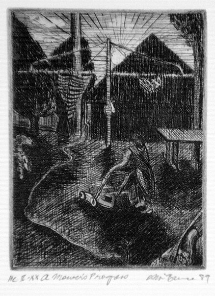 Artist: b'McBurnie, Ron.' | Title: bA mower's progress | Date: 1989 | Technique: b'etching, printed in black ink, from one plate' | Copyright: b'\xc2\xa9 Ron McBurnie'