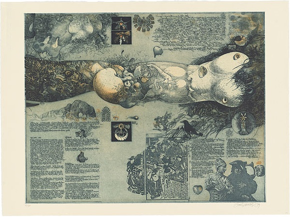 Artist: b'SCHMEISSER, Jorg' | Title: bDiary and the 'Rake's progress' | Date: 1979 | Technique: b'etching and aquatint, printed in colour, from four plates' | Copyright: b'\xc2\xa9 J\xc3\xb6rg Schmeisser' Artist: b'SCHMEISSER, Jorg' | Title: bDiary and the 'Rake's progress' | Date: 1979 | Technique: b'etching and aquatint, printed in colour, from four plates' | Copyright: b'\xc2\xa9 J\xc3\xb6rg Schmeisser'