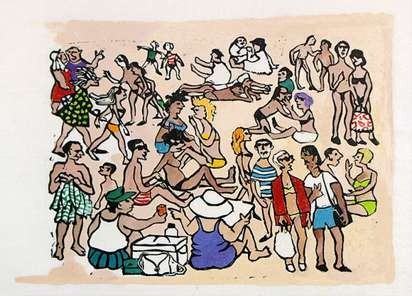 Artist: b'Allen, Joyce.' | Title: b'The large ladies.' | Date: 1987 | Technique: b'linocut, printed in black ink, from one block; hand-coloured' Artist: b'Allen, Joyce.' | Title: b'The large ladies.' | Date: 1987 | Technique: b'linocut, printed in black ink, from one block; hand-coloured'