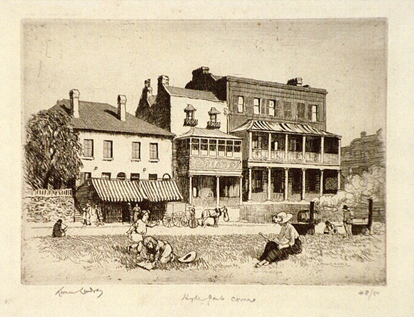 Artist: b'LINDSAY, Lionel' | Title: b'Hyde Park corner, Sydney' | Date: 1913 | Technique: b'etching, printed in brown ink with plate-tone, from one plate' | Copyright: b'Courtesy of the National Library of Australia' Artist: b'LINDSAY, Lionel' | Title: b'Hyde Park corner, Sydney' | Date: 1913 | Technique: b'etching, printed in brown ink with plate-tone, from one plate' | Copyright: b'Courtesy of the National Library of Australia'