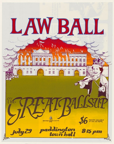 Artist: b'Stokes, Stephen.' | Title: b'Law ball: The great ballsup' | Date: 1976 | Technique: b'screenprint, printed in colour, from multiple stencils' Artist: b'Stokes, Stephen.' | Title: b'Law ball: The great ballsup' | Date: 1976 | Technique: b'screenprint, printed in colour, from multiple stencils'