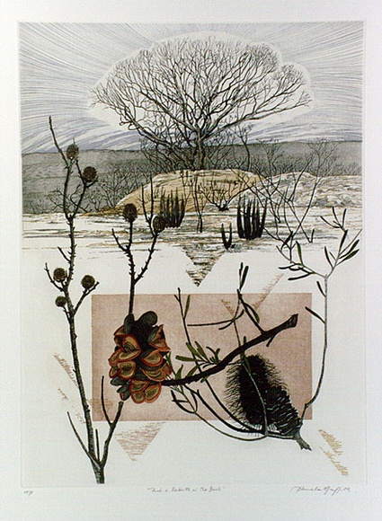 Artist: b'GRIFFITH, Pamela' | Title: b'Fire and rebirth in the bush' | Date: 1989 | Technique: b'hardground-etching and aquatint, printed in colour, from two copper plates; additional hand-tinting' | Copyright: b'\xc2\xa9 Pamela Griffith' Artist: b'GRIFFITH, Pamela' | Title: b'Fire and rebirth in the bush' | Date: 1989 | Technique: b'hardground-etching and aquatint, printed in colour, from two copper plates; additional hand-tinting' | Copyright: b'\xc2\xa9 Pamela Griffith'
