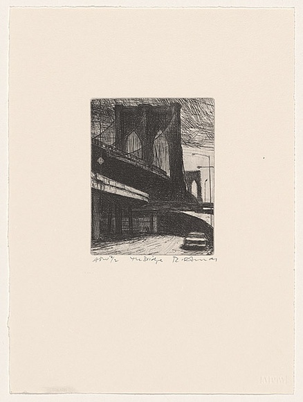 Artist: b'AMOR, Rick' | Title: b'The bridge' | Date: 2001, July | Technique: b'etching, printed in black ink, from one plate' | Copyright: b'Image reproduced courtesy the artist and Niagara Galleries, Melbourne' Artist: b'AMOR, Rick' | Title: b'The bridge' | Date: 2001, July | Technique: b'etching, printed in black ink, from one plate' | Copyright: b'Image reproduced courtesy the artist and Niagara Galleries, Melbourne'