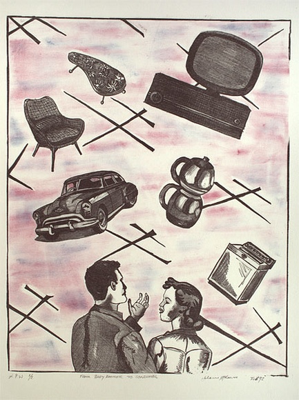 Artist: b'McKeever, Johanne.' | Title: b'From baby boomer to consumer' | Date: 1992, February | Technique: b'lithograph, printed in colour, from three stones' Artist: b'McKeever, Johanne.' | Title: b'From baby boomer to consumer' | Date: 1992, February | Technique: b'lithograph, printed in colour, from three stones'