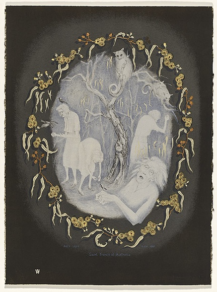 Artist: b'White, Susan Dorothea.' | Title: b'The death of St. Francis of Australia' | Date: 1982 | Technique: b'lithograph, printed in colour, from multiple stones' Artist: b'White, Susan Dorothea.' | Title: b'The death of St. Francis of Australia' | Date: 1982 | Technique: b'lithograph, printed in colour, from multiple stones'